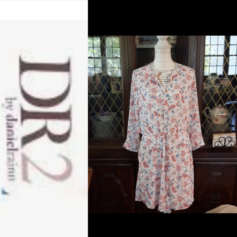 DR2 Floral Midi Dress in White with Pink and Blue Print